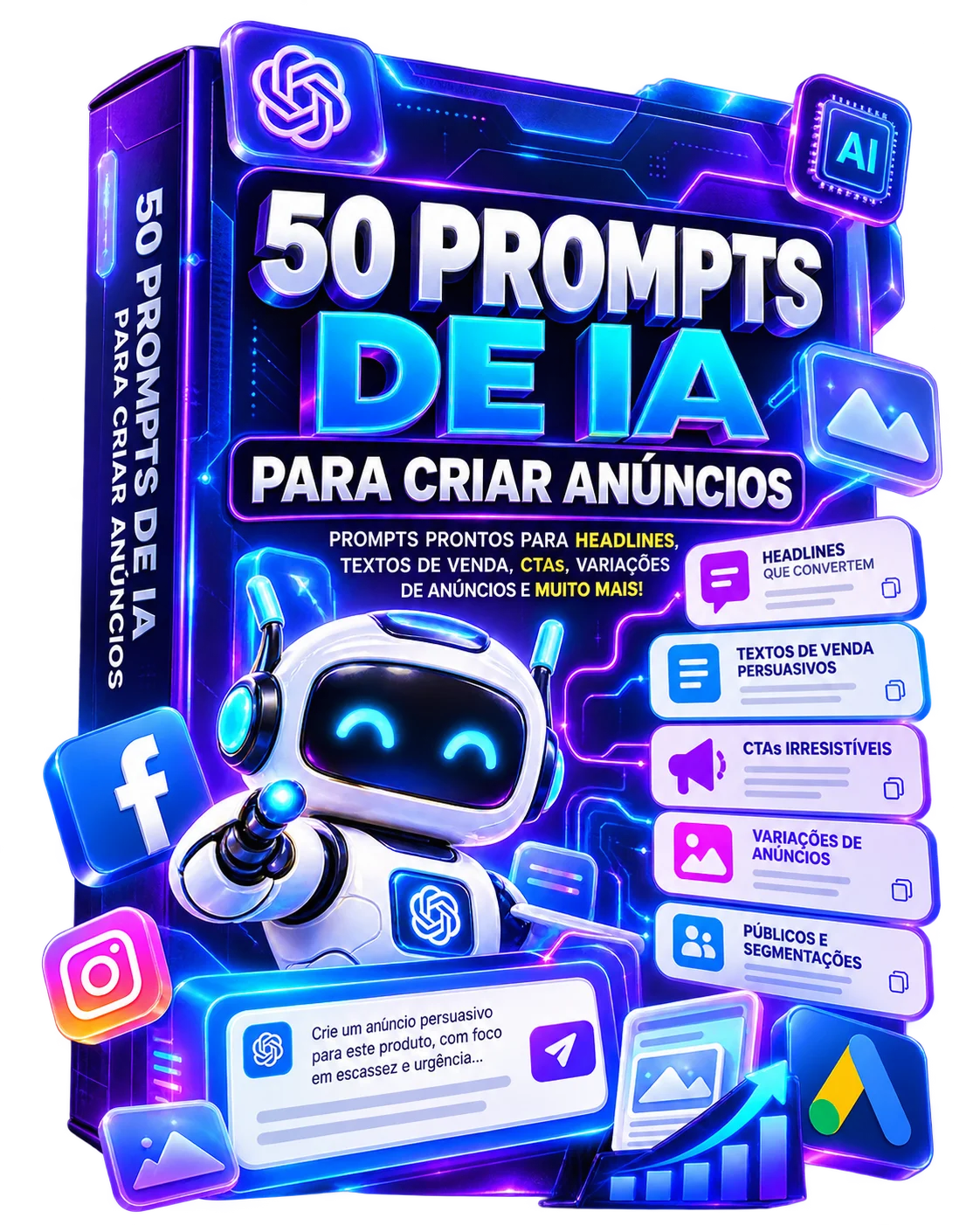 Capa do bônus 3: 50 Prompts de IA para Criar Anúncios